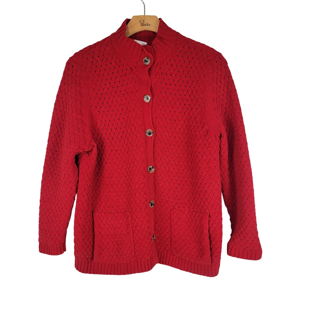 J. Jill Chunky Knit Velour Cardigan Sweater Cherry Red Size Large
